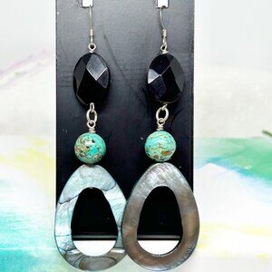 Artisan Abalone, Blue Stone and Faceted Black Beaded Teardrop Dangle Earrings